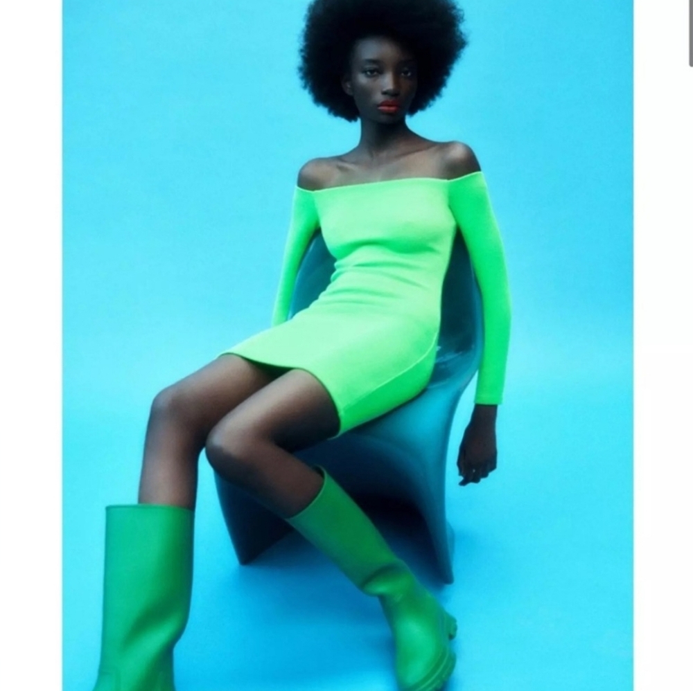 Zara Neon Green Squared Neck Off Shoulder Mini Sheath Bodycon Dress Sz S